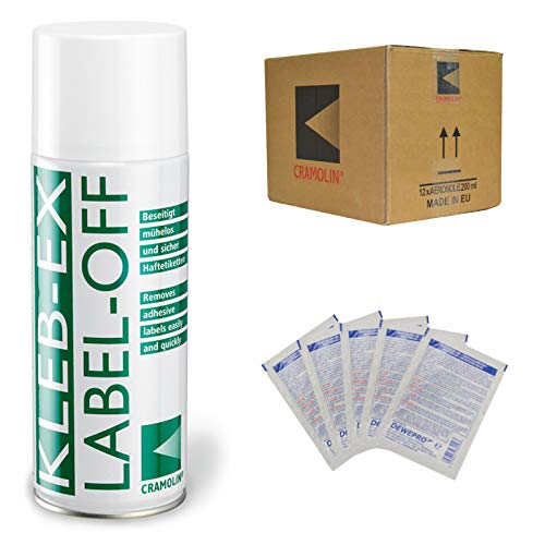 KLEB-EX - VPE: 12 x 200ml Spraydose - Kleberlöser und Etikettenlöser - ITW Cramolin - 1341411 - Etikettenentferner und Kleberentferner inkl. 5 St. DEWEPRO® SingleScrubs von DEWEPRO