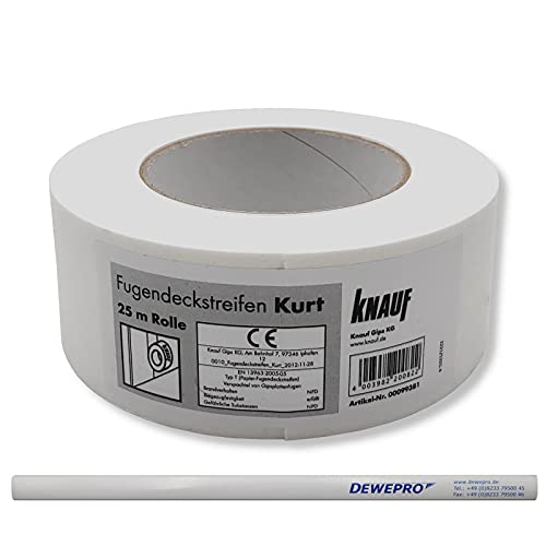 DEWEPRO KNAUF® Kurt Fugendeckstreifen - 25m Rolle - reißfester Papier-Bewehrungsstreifen zur Verspachtelung von Gipskartonplatten und Gipsfaserplatten - im Set inkl. 1 St Zimmermannsbleistift von DEWEPRO