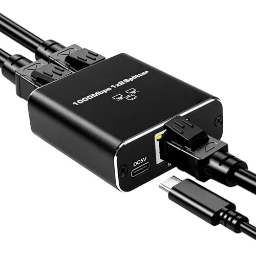 DEWIN 1 auf 2 1000 Mbit/s Ethernet-Splitter mit USB-C-Stromkabel for Computer, Router, Fernseher (Gigabit) von DEWIN