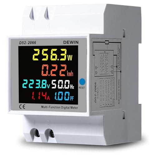DEWIN Stromzähler, Stromzähler Hutschiene LCD Energiezähler Einphasen Energiekostenmessgerät 6 in 1 Strom Spannung Leistung kWh Messgerät Wechselstromzähler AC 40-300V von DEWIN