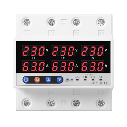 DEWIN Digitales Voltmeter Amperemeter, 3-Phasen Hutschienen Voltmeter Amperemeter Spannungsschutz Über- und Unterspannungsschutz Strombegrenzungsrelaisschutz 100A AC220V von DEWIN