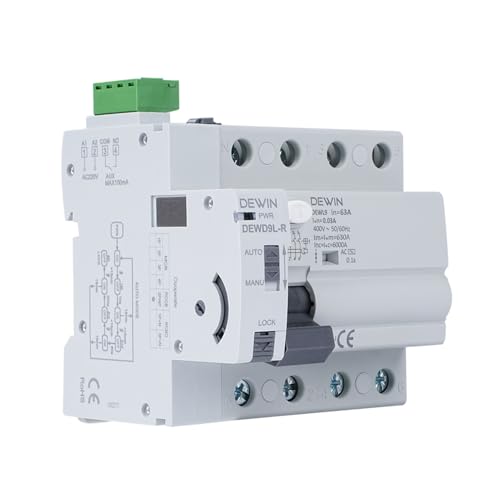DEWIN FI-Schutzschalter mit Automatische Wiedereinschaltung, GRD9L-R RCCB Automatisches Wiedereinschaltgerät Leistungsschalter Smart Breaker 4P 63A 30mA AC 400V von DEWIN