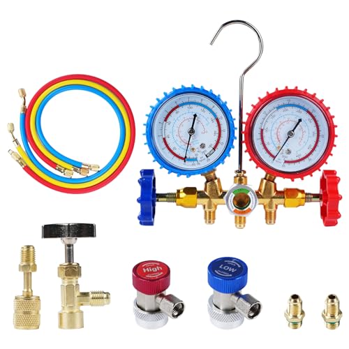 DEWIN Kältemittel Manometer, AC Krümmermessgerät R134A Kühllehre funktionelles Messgerät-Set mit 6,35 mm Schnittstelle Klimaanlage Kühlung mit 80 cm 3 Schläuchen für R404A R12 R22 DEWIN Kältemittel Manometer, AC Krümmermessgerät R134A Kühllehre funktionelles Messgerät-Set mit 6,35 mm Schnittstelle Klimaanlage Kühlung mit 80 cm 3 Schläuchen für R404A R12 R22 von DEWIN