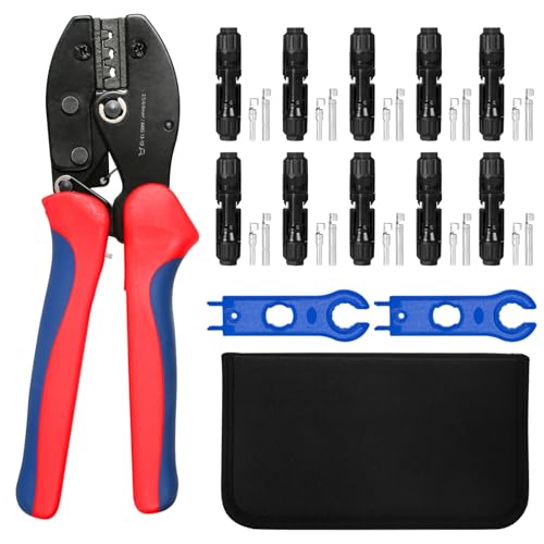 DEWIN Solar Crimpzange, Solar Crimpzange Set für 2.5/4/6mm² Solarpanel PV Kabel Solar Crimper Werkzeug Set mit 1 Paar Solar Schraubenschlüssel und 10 Paar Steckverbindern von DEWIN