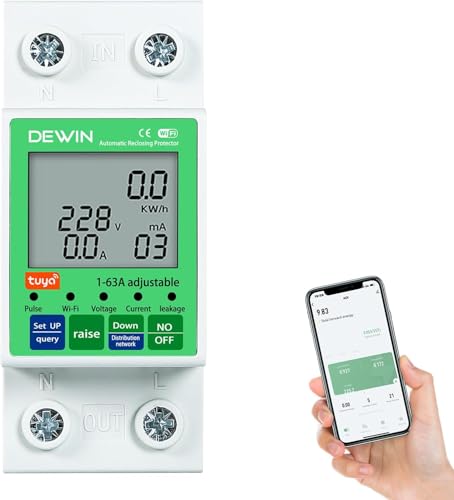 DEWIN Stromzähler Hutschiene WiFi, Stromzähler Smart hutschiene WLAN Smart Energiezähler Wechselstromzähler mit Überspannungsschutz und Unterspannungsschutz 2P 63A AC 80-300V DEWIN Stromzähler Hutschiene WiFi, Stromzähler Smart hutschiene WLAN Smart Energiezähler Wechselstromzähler mit Überspannungsschutz und Unterspannungsschutz 2P 63A AC 80-300V von DEWIN