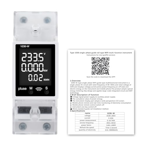 DEWIN Stromzähler Hutschiene, WiFi Smart Stromzähler LCD Digital Amperemeter Voltmeter Multifunktions Wechselstromzähler kWh Zähler 63A AC 85V-265V DEWIN Stromzähler Hutschiene, WiFi Smart Stromzähler LCD Digital Amperemeter Voltmeter Multifunktions Wechselstromzähler kWh Zähler 63A AC 85V-265V von DEWIN