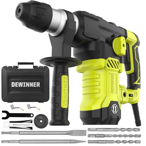 DEWINNER Bohrhammer SDS-Plus, 6 Geschwindigkeiten, 4400BPM, 5.5J Abbruchhammer mit Anti-Vibrationsgriff, Sicherheitskupplung, 4 Funciones Kombihammer, inklusive Spitz-und Flachmeißel/Koffer von DEWINNER