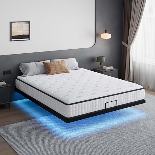 DEWINNER 160 x 200cm Bett mit Lattenrost - LED-Lichtband Bettrahmenhöhe 20cm Schwebend mit Stauraum unter dem Bett 2 Personen Metallplattform - Schwarz - ohne Matratze von DEWINNER