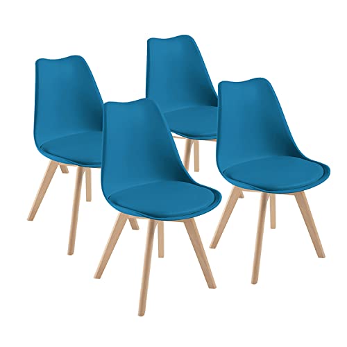 DEWINNER Esszimmerstühle, Küchenstuhl, skandinavisch, Retro mit Rückenlehne, gepolsterte Sitzfläche aus massiver Buche (Blau, 4 er Set) von DEWINNER