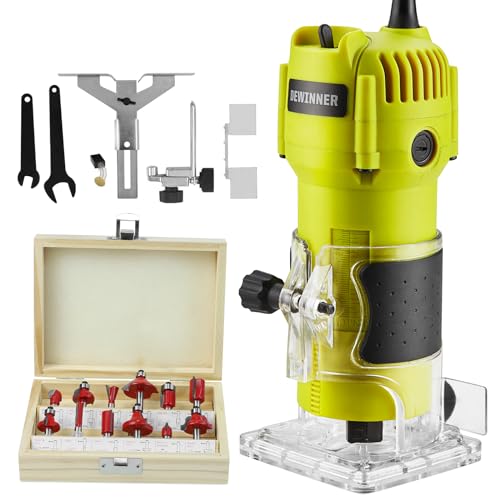 DEWINNER Holzfräse Oberfräse, 600 W Kantenfräse, 35000 U/min Elektrik Kantenfräse Mit 12 Stück Fräsen Cuter Mit Spannzange 6MM, Profi-Laminiergerät mit Zubehör von DEWINNER