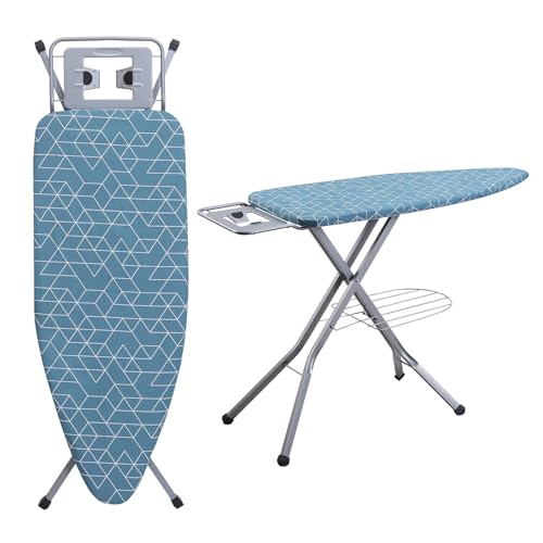 DEWINNER Klappbares Bügelbrett 120 x 45 cm,Modischer Geometrischer Bezug Aus 100% Baumwolle,Sicherheitsverschluss Gegen Umkippen,7-stufige Höhenverstellung,Praktische Wahl Zum Bügeln Zu Hause (Blau) von DEWINNER