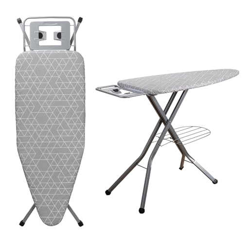 DEWINNER Klappbares Bügelbrett 120 x 45 cm,Modischer Geometrischer Bezug Aus 100% Baumwolle,Sicherheitsverschluss Gegen Umkippen,7-stufige Höhenverstellung,Praktische Wahl Zum Bügeln Zu Hause (Grau) von DEWINNER