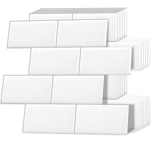 DEWOO Klebefliesen Weiß Wandfliesen Klebe Vinyl Rückwand Metro Fliesen Selbstklebend Plastik Imitation Ziegel Bad Küche Peel Stick Tiles 10-Stück, (32 x 27 cm) von DEWOO