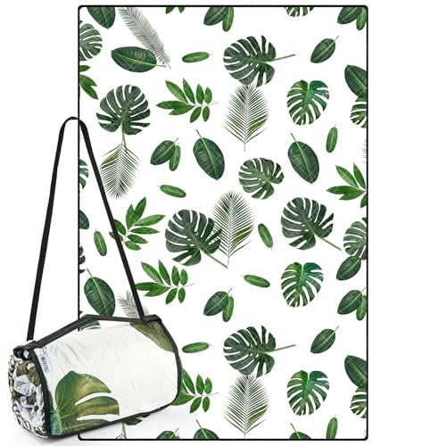 DEWUR Picknickdecke wasserdicht waschbar, Stranddecke Sandfrei XXL Campingdecke Strandmatte isoliert mit Alu wasserdichter Unterseite Grün-Blätter (300 x 200 cm) von DEWUR