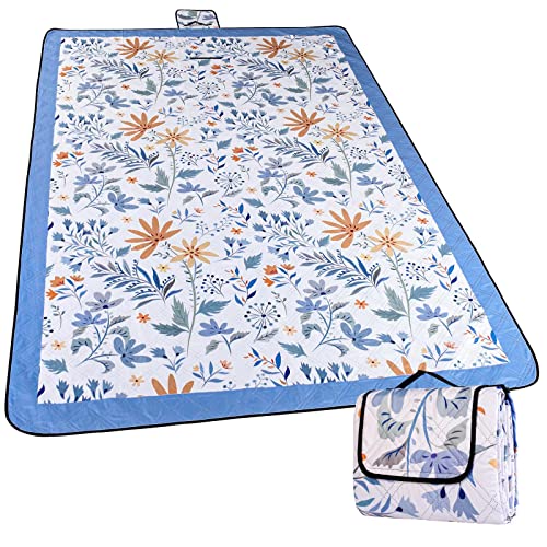 DEWUR Picknickdecke wasserdicht waschbar, Stranddecke Sandfrei XXL Campingdecke Strandmatte isoliert mit wasserdichter Unterseite (Weiß mit Blumen, 300 x 200 cm) von DEWUR