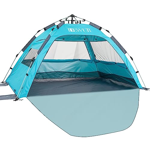 Dewur Strandmuschel 2-4 Personen Pop Up Strandzelt mit Sonnensegel UPF 50+ UV Sonnenschutz Wasserdicht für Familien Strand Camping Garten, Blau von DEWUR