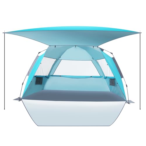 Dewur Strandmuschel 3-4 Personen Pop Up Strandzelt mit Sonnensegel UPF 50+ UV Sonnenschutz Wasserdicht für Familien Strand Camping Garten, Blau von DEWUR