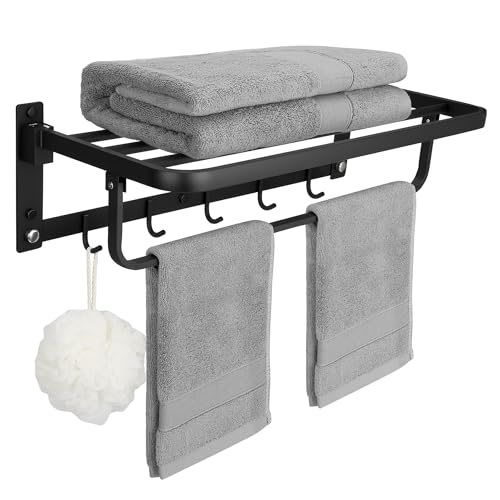 58.4 cm Handtuchhalter mit Handtuchhalter SUS 304 Edelstahl Faltbar Handtuchregal mit 5 Haken für Badezimmer & WC Wandmontage (Mattschwarz) von DEWVIE