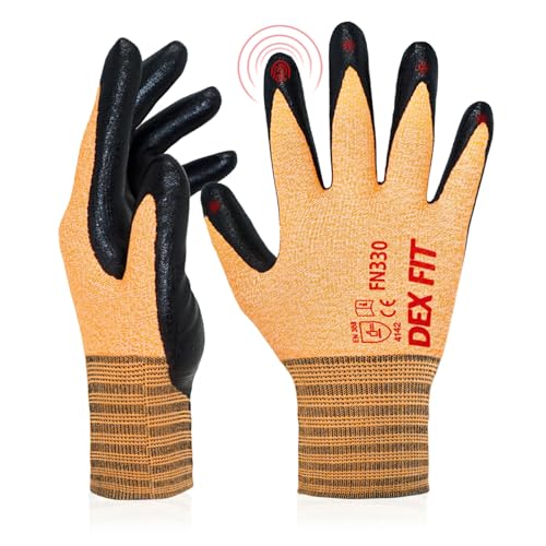 DEX FIT Arbeitshandschuhe FN330, 3D Comfort Stretch Fit, Power Grip, mit Strapazierfähigem Schaumnitril beschichtet, Smart Touch, Dünn & Leicht, Maschinenwaschbar, Orange 10 (XL) 3 Paare von DEX FIT