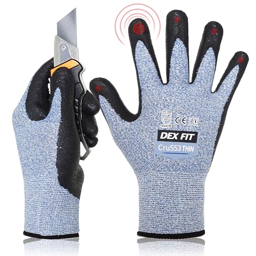 DEX FIT Cru553 Dünne 15 Gauge, Level 4 schnittfeste Handschuhe, 3D Comfort Stretch Fit, Power Grip, strapazierfähiger Nitrilschaum, Smart Touch, maschinenwaschbar, leicht, Blau L (9) 1 Paar von DEX FIT