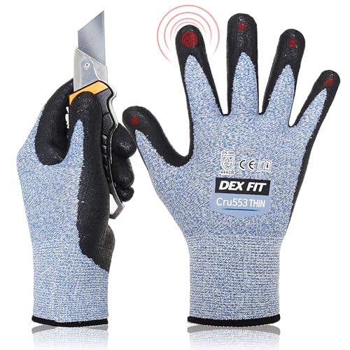 DEX FIT Cru553 Dünne 15 Gauge, Level 4 schnittfeste Handschuhe, 3D Comfort Stretch Fit, Power Grip, strapazierfähiger Nitrilschaum, Smart Touch, maschinenwaschbar, leicht, Blau M (8) 1 Paar von DEX FIT