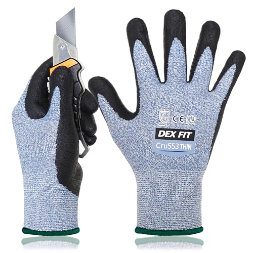 DEX FIT Cru553 Dünne 15 Gauge, Level 4 schnittfeste Handschuhe, 3D Comfort Stretch Fit, Power Grip, strapazierfähiger Nitrilschaum, Smart Touch, maschinenwaschbar, leicht, Blau M (8) 1 Paar von DEX FIT