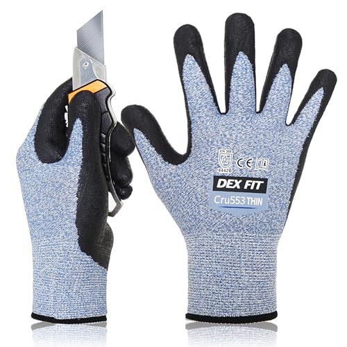 DEX FIT Cru553 Dünne 15 Gauge, Level 4 schnittfeste Handschuhe, 3D Comfort Stretch Fit, Power Grip, strapazierfähiger Nitrilschaum, Smart Touch, maschinenwaschbar, leicht, Blau XL (10) 1 Paar von DEX FIT