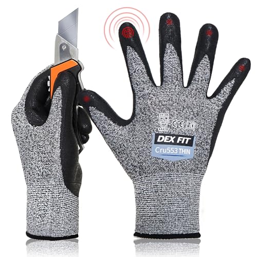 DEX FIT Cru553 Dünne 15 Gauge, Level 4 schnittfeste Handschuhe, 3D Comfort Stretch Fit, Power Grip, strapazierfähiger Nitrilschaum, Smart Touch, maschinenwaschbar, leicht, Grau XS (6) 1 Paar von DEX FIT