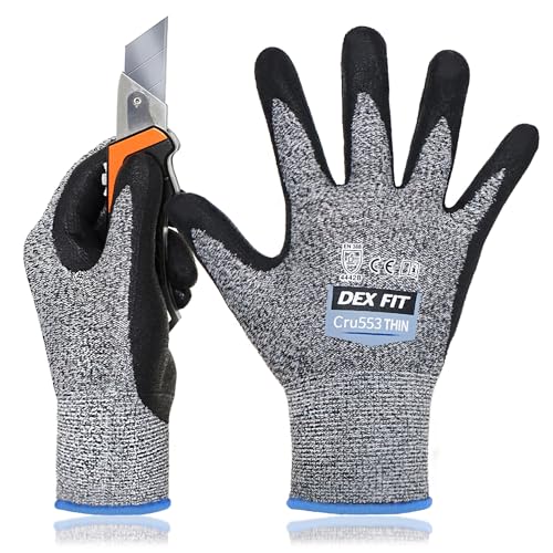 DEX FIT 15 Gauge Level 4 Dünne Schnittschutzhandschuhe Cru553; Griff, 3D-Komfort-Passform, Leicht und Langlebig, Touchscreen-Kompatibel für Präzise Arbeiten, Waschbar; Grau XS (6) 1 Paar von DEX FIT