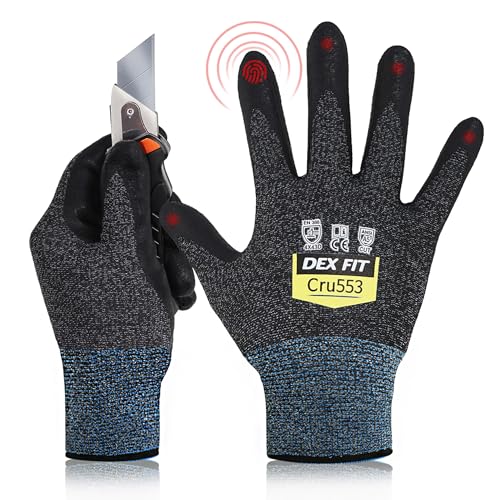 DEX FIT Level 5 Schnittschutzhandschuhe Cru553; 3D-Komfort-Passform, Fester Griff, Dünn und Leicht, Touchscreen-Kompatibel, Langlebig, Atmungsaktiv und Kühl, Waschbar; Schwarz Grau XS (6) 1 Paar von DEX FIT