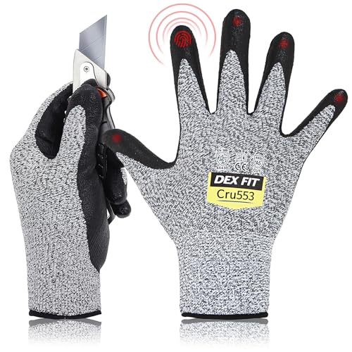 DEX FIT Level 5 Schnittschutzhandschuhe Cru553; 3D-Komfort-Passform, Fester Griff, Dünn und Leicht, Touchscreen-Kompatibel, Langlebig, Atmungsaktiv und Kühl, Waschbar; Grau S (7) 1 Paar von DEX FIT