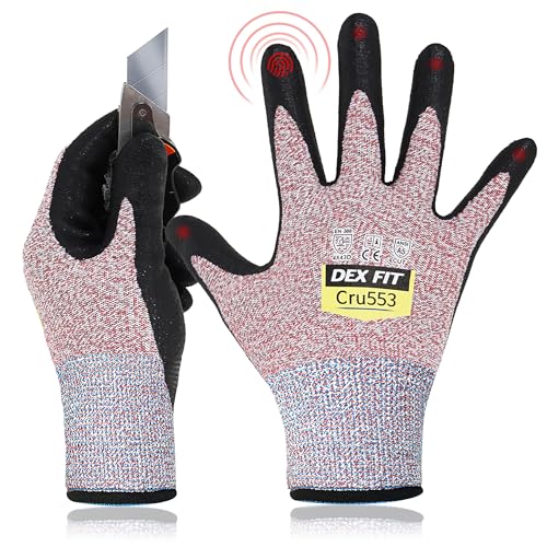 DEX FIT Level 5 Schnittschutzhandschuhe Cru553; 3D-Komfort-Passform, Fester Griff, Dünn und Leicht, Touchscreen-Kompatibel, Langlebig, Atmungsaktiv und Kühl, Waschbar; Rot XS (6) 1 Paar von DEX FIT