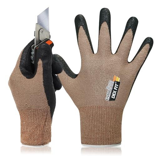 DEX FIT Level 5 Cut Schnittfeste Handschuhe Cru553 Prime, 3D Komfort Stretch Fit, Power Grip, Strapazierfähiger Schaumnitril, Smart Touch, Maschinenwaschbar, Dünn & Leicht, Braun 9 (L) 1 Paar von DEX FIT