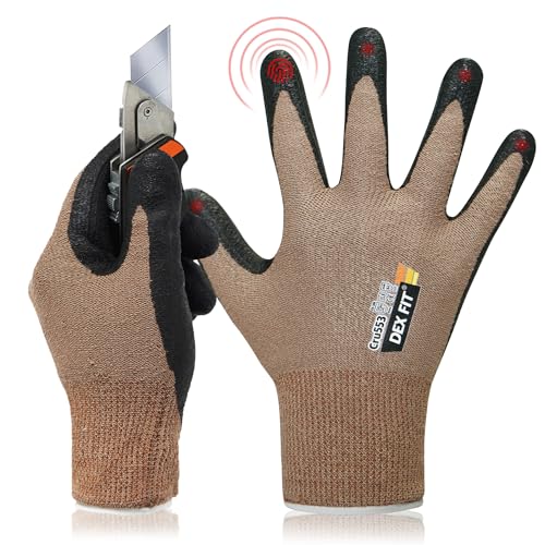 DEX FIT Level 5 Schnittschutzhandschuhe Cru553; 3D-Komfort-Passform, Fester Griff, Dünn und Leicht, Touchscreen-Kompatibel, Langlebig, Atmungsaktiv und Kühl, Waschbar; Prime Braun M (8) 1 Paar von DEX FIT