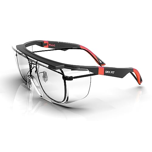 DEX FIT Schutzbrille SG210 OTG, Schutzbrille für Brillenträger, Z87 Augenschutz, Beschlag- und Kratzfest, Verstellbar für Damen und Herren, UV Brille (Schwarzer und Roter Rahmen, Klare Gläser) von DEX FIT