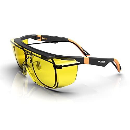 DEX FIT Schutzbrille SG210 OTG, Z87 Augenschutz, Beschlag- und Kratzfest, Verstellbar, Blaulichtfilter Brille Herren und Damen und UV Schutzbrille (Schwarzer und Oranger Rahmen, Gelbes Glas) von DEX FIT