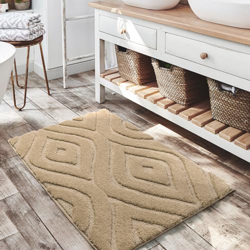 DEXDE Beige Badezimmerteppiche, Boho-Badematte, rutschfest, geometrisch, luxuriös, weich, waschbar, Teppich für Badezimmer, Dusche, Küche, Eingang, moderne Dekoration, 50 x 81 cm von DEXDE