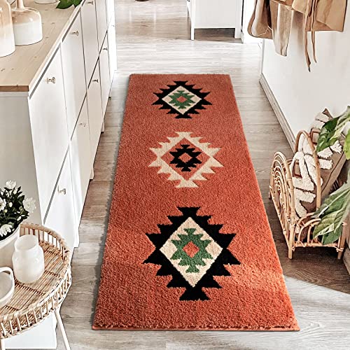 DEXDE Boho Badezimmerteppich, Läufer, 60x152 cm, lang, Badematte für Badezimmer, Schlafzimmer, Flur, Küche, Dusche, luxuriös, weich, saugfähig, groß, marokkanisches Bauernhaus-Dekor, Korallenrot von DEXDE