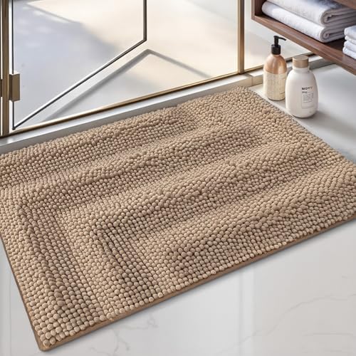 DEXI Badezimmerteppich 40 x 60 cm, Chenille Flauschiger Badematte, Badvorleger rutschfest waschbar, Saugfähige Badteppich, weicher Duschvorleger für Badezimmer, Beige von DEXI