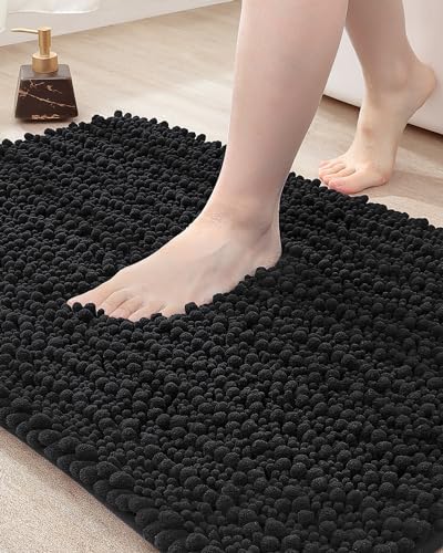 DEXI Badematte, saugfähig, weich, dick, Chenille-Bodenmatte, rutschfest, maschinenwaschbar, zotteliger Badteppich für Badewanne, Duschraum, Badezimmerzubehör, Dekor, 40,6 x 61 cm, Schwarz von DEXI
