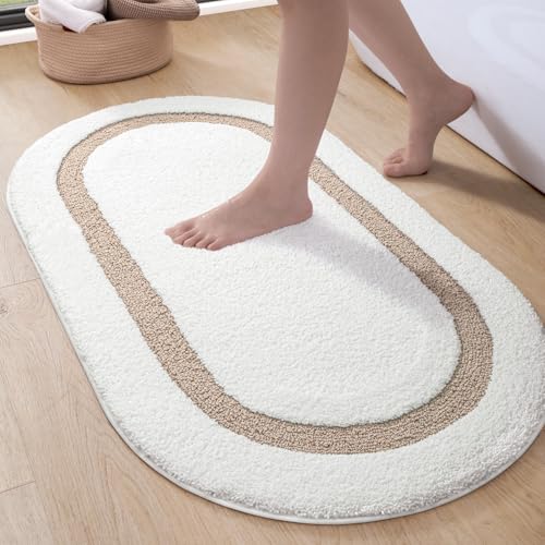 DEXI Badezimmerteppich 44 x 76 cm, rutschfest Badematte, weicher Maschinenwaschbar Badvorleger, Ovales Saugfähige Badematten & Badteppiche für Dusche, Badewannen, Toilette Deko, Beige von DEXI