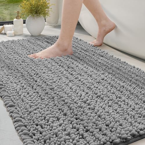 DEXI Badezimmerteppich 60 x 110 cm,Chenille Badematte rutschfest,weicher Badvorleger Maschinenwaschbar,Mikrofaser Absorbent Badteppich für Badewanne,Dusche und Badezimmer - Grau von DEXI