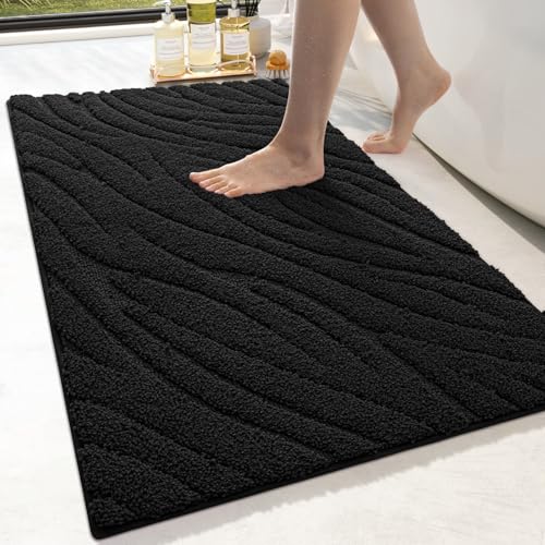 DEXI Badezimmerteppich 61 x 110 cm, weicher Badvorleger Maschinenwaschbar, Badematte rutschfest, Badematten & Badteppiche für Dusche, Badewannen, Toilette Deko, Schwarz von DEXI