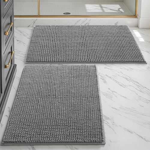 DEXI Badezimmerteppich Set 40 x 60 cm, 2er Pack Badvorleger rutschfest waschbar, Badematte Chenille Saugfähig, weicher Badematten & Badteppiche für Dusche, Badezimmer, Waschküche, Grau von DEXI