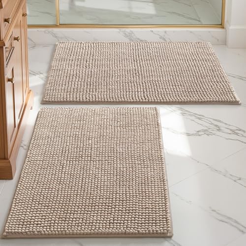 DEXI Badezimmerteppich Set 60 x 90 cm, 2er Pack Badvorleger rutschfest waschbar, Badematte Chenille Saugfähig, weicher Badematten & Badteppiche für Dusche, Badezimmer, Waschküche, Beige von DEXI
