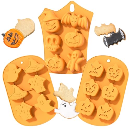 DEXYZZY Kürbis Fledermaus Schädel Geisterform Silikonform, Kürbis Backform, Halloween Silikon Backform, Für Halloween Küche Diy Backzubehör, Kuchenform Keksform Muffinform, 3 Stück von DEXYZZY