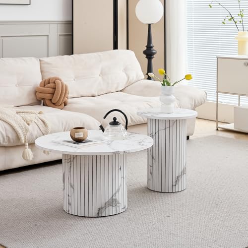 DEYARNA HOME 2er-Set runder Couchtische, Modernes Geriffeltes Trommel-Couchtisch-Set für Wohnzimmer, Schlafzimmer, Balkon und Büro (Weiß (Marmormaserung)) von DEYARNA HOME