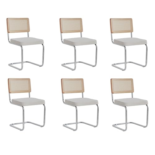 DEYARNA HOME 6er Set Esszimmerstühle, Moderne Küchenstühle aus der Mitte des Jahrhunderts mit Rohrrücken, Gepolsterte Stühle mit Metall-Chrom-Beinen (Weiß, Granulat-Vlies) von DEYARNA HOME