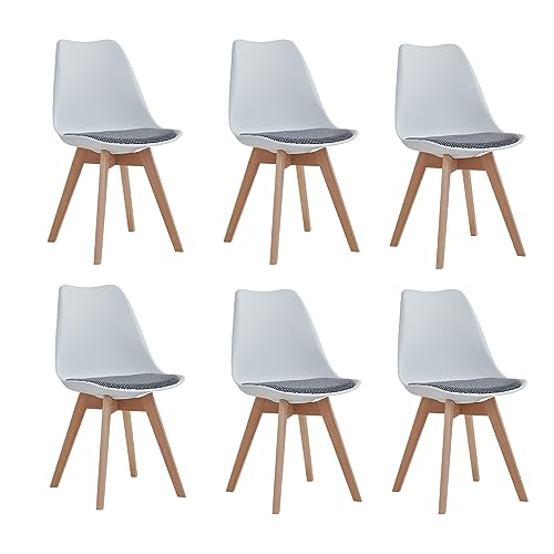 DEYARNA HOME 6er Set Moderne Esszimmerstühle, Skandinavische Stühle mit Beinen aus Massivem Buchenholz, Gepolsterte Stühle (Leinen) für Küche, Esszimmer & Wohnzimmer (Weiß) von DEYARNA HOME