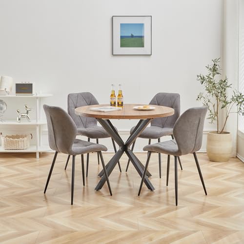 DEYARNA HOME Essgruppe Set Tisch und Stühle, 100cm Runder Esstisch und 4 Leinen-Esszimmerstühle, 4 Stühle & Tisch für Küche, Esszimmer und Wohnzimmer (Dunkelgrau-LX, 100*100*76.5cm (Dunkle Holzfarbe)) von DEYARNA HOME